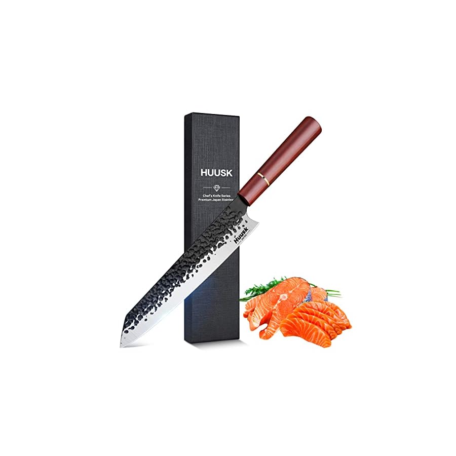 Huusk Japan knife, Kiritsuke Chef Knife Professional 9" High Carbon Steel Japanese Kitchen Knife Hand Forged Meat Sushi Knife Ultra Sharp Cooking Knife Full Tang Bunka Knife for Sushi Poultry