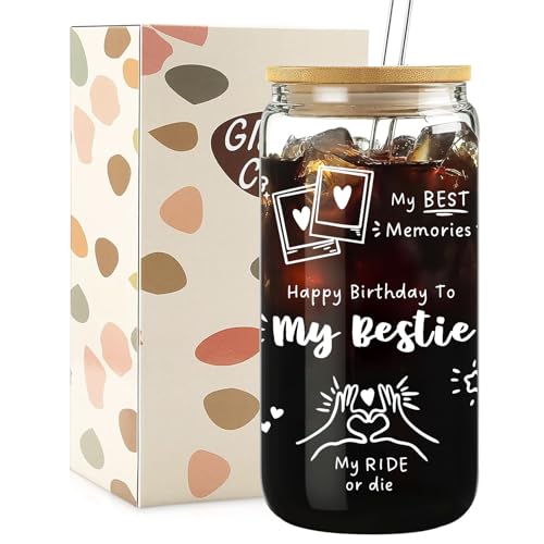 Mikopei Best Friend Birthday Gifts for Women Friendship - Happy Birthday to My Bestie Glass Cups with Lids and Straws, Funny Presents for Bff Friends Coworkers Unique, Cute Iced Coffee Cup, 16 oz