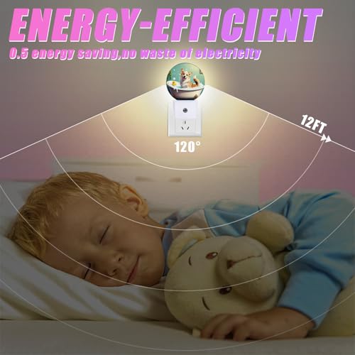 Image of Funny Corgi Bathing Night Light Puppy Lover Night Lights LED Lamp Round Plug into Wall Nightlight with Dusk to Dawn Sensor Home Hallway Stairway Kitchen Decor