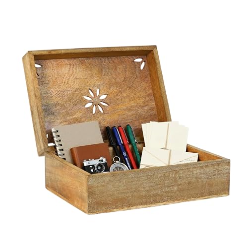 Mela Artisans 10.5” x 7.5” x 4” Mango Wood Box with Lid – Serena Light Burnt – Handcrafted Keepsake Box – Extra Large Storage for Jewelry & Home Décor Accents
