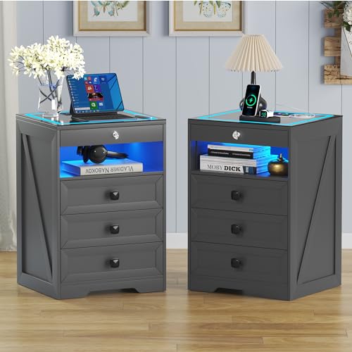 Lvifur Farmhouse Nightstand with Gun Drawer, Human Sensor LED Bedside Table with LED Lights & Charging Station, Rustic Wood Sofa Side End Table with 3 Drawers for Bedroom (Black)