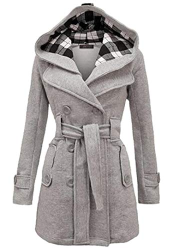 Image of GORIFE Ladies Solid Color Hooded Pea Coats Fashion Plaid Plus Size Jacket Coat Light Grey S