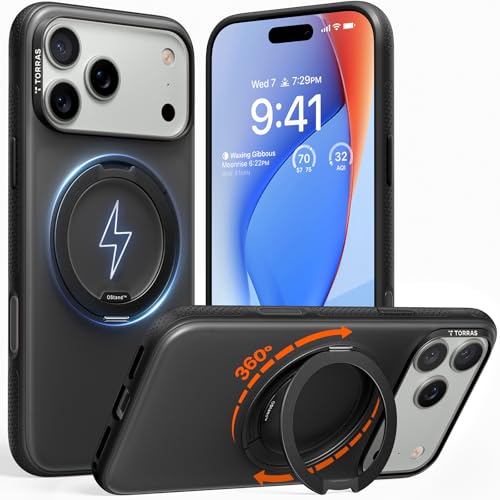 TORRAS iPhone 17 Pro 用ケース 【カチカチ・多機能360度回転スタンド】リング Ostand O3 Fitness MagSafe対応 米軍MIL規格耐衝撃 スタンド 指紋防止 黄変防止 カメラコントロールボタン付き ストラップホール 半透明 撮影/動画視聴/日常の記録 手のひらサイズの映像革命 ブラック