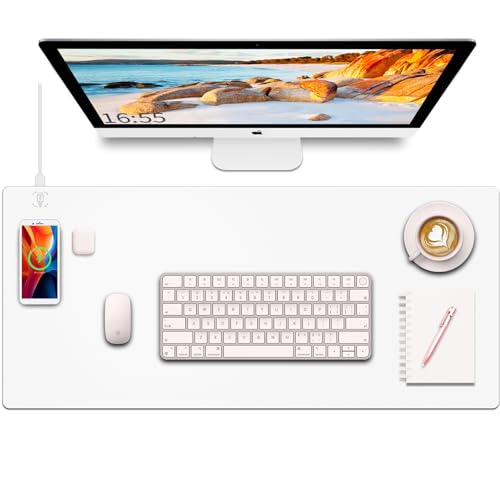 Desk Mat with Wireless Charging, White Mouse Pad with Wireless Charger, Desk Pad Matt for Desktop...