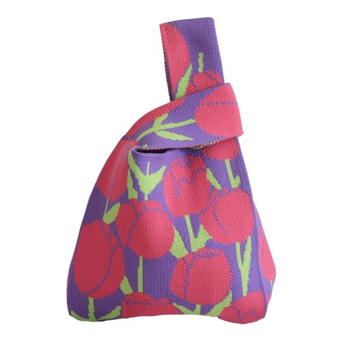 CCAIPU Tote a Maglia per Donne, Riutilizzabile Shopping Bag Carino Moda Mini Borsa a Mano Casual Carry Knitting da Polso Fiore-rosso