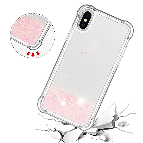 Compatible with iPhone X Case Protective Liquid Glitter Pink, Bling Sparkle Flowing Waterfall Liquid Back Cover Soft Rubber Protection Case Glitter Phone Case Scratch Compatible with iPhone X/XS