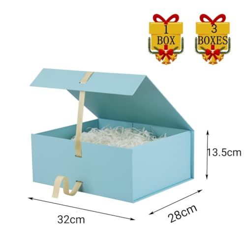 Blau Magnetische Geschenkbox mit Deckel groß 32x28x13.5cm mit Geschenkbeutel, Schleife, Raffia & Grußkarte