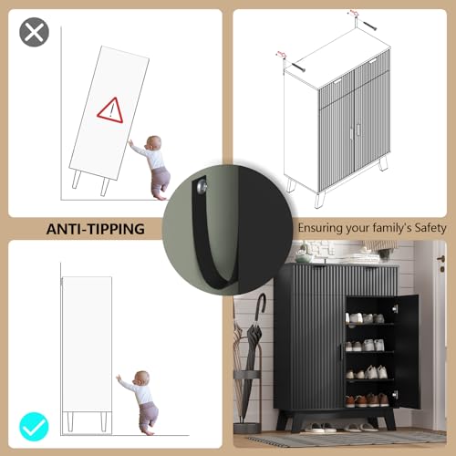 Image of Shoe Cabinet Storage for Entryway, 4 Tier Fluted Shoe Storage Cabinet with 2 Drawers, Narrow Hidden Shoe Organizer with Adjustable Shelves, Freestanding Shoe Rack for Entryway, Hallway, Black