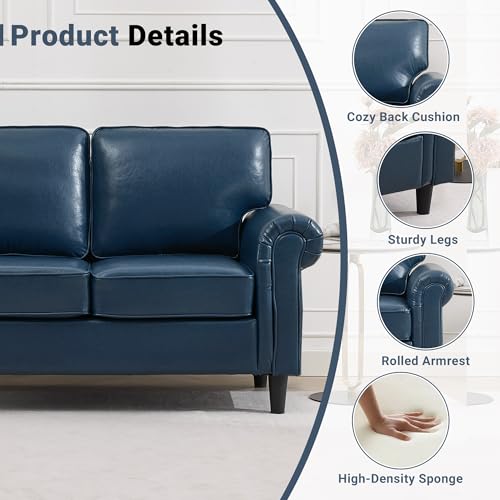 Image of Kingfun Loveseat 2 Seater Couch, Mid Century Modern Faux Leather Sofa with Rolled Arms and Deep Seats, Fluffy Comfort for Living Room, Apartment, Easy Assembly, Blue