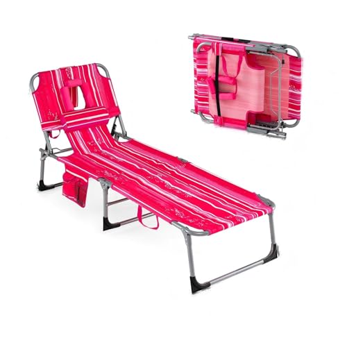 GYMAX Tanning Chair, Folding Lounger with Face/Arm Holes, Carry Handles & Side Pocket, Portable Lightweight Layout Beach Chair for Outdoor/Indoor, Face Down Sun Lounger (1, Pink Stripe)