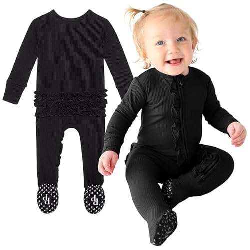 Image of Posh Peanut Footie Pajamas for Baby Girls – Sleepers in Viscose from Bamboo with 2-Way Zipper & Ruffle Trim