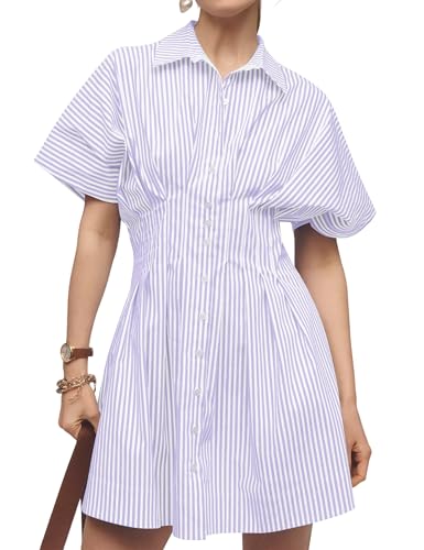 Ceputer Summer Button Down Shirt Dress for Women Short Sleeve Pleated Mini Dresses Causal A Line Flowy Corset Short Dress