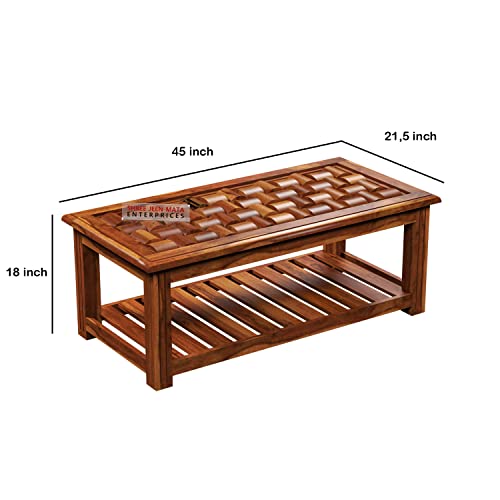 Image of Sheesham Wooden Centre Table with Storage Shelf for Living Room with Glass Top - Solid Wooden Coffee Table - Teapoy Tea Table Sofa Table & Center Table with Storage (Stern Honey)