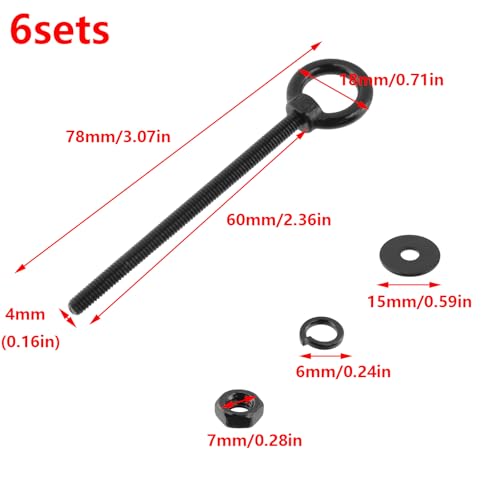 Image of Antrader Lifting Shoulder Eye Bolts,M4 x 60mm,Black,Stainless Steel,6 Sets | Machinery Shoulder Lifting Eye Bolt with Lock Nuts,Lock Washers,Flat Washers