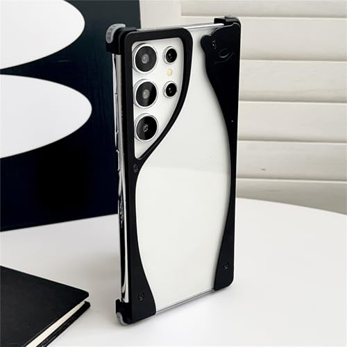 Frameless Case for Samsung Galaxy S23 Ultra, Aluminum Alloy Bumper Metal-Joined Non-Yellowing Clear PC Back Sleek Minimalist Drop Protection Shockproof Cool Cover, Black