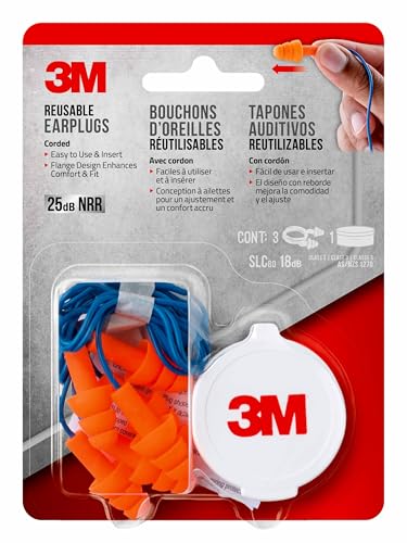 Image of 3M Corded Reusable Earplugs, 3 Pack, Noise Reduction Rating (NRR) 25 dB, Easy to Use & Insert, Pliable & Tri-Flange Design Enhances Comfort & Fit, Orange Ear Plugs (90716H3-DC), 3 Pair (Pack of 2)