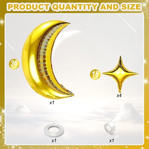 Image of Moon and Star Balloons New Years Balloons 36 Inch Large Metallic Gold Moon Shape Foil Balloon 18 In Star Shaped Balloon for Happy New Year Decorations Ramadan Eid Baby Shower Birthday Party