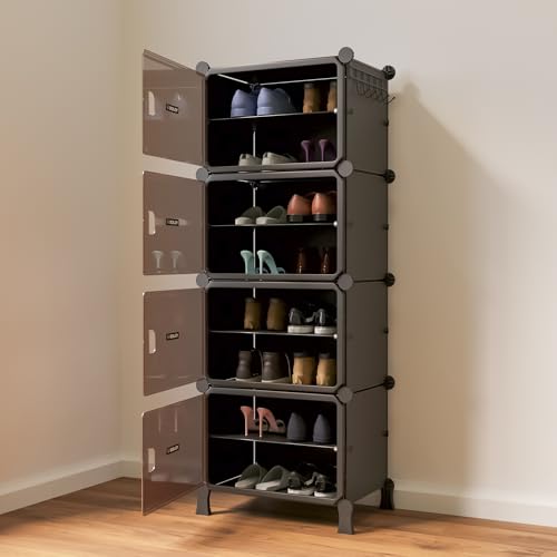 Image of BOXJOY 8 Shelf Black Shoe Rack for Home with 4 Brown Doors, Hard PET Plastic with Metal Door Frame, Shoe Chappal Slipper Sandals Stand