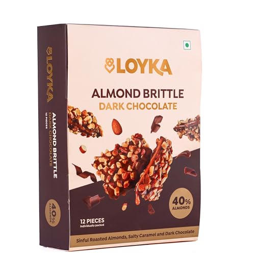 Image of Loyka Almond Brittle Dark Chocolate Box - 12 pcs | 46% Dark Chocolate | Premium Gift Hamper | Choco & Nut Dryfruit Delicacy | Roasted California Almonds (45%) | Any-time snack