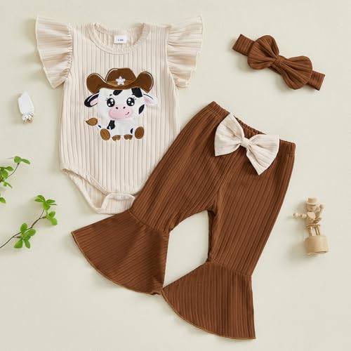 Baby Girl Western Clothes Cute Cow Print Short/Long Sleeve Ruffle Romper Flare Pants Headband Cowgirl Outfit2