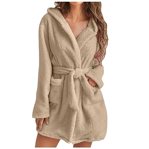 UHouse Bademantel Damen Kurz mit Kapuze Oversized Morgenmantel Leicht Frottee Saunamantel Warehouse Deal Flauschig Loungewear Fleece Hausmantel Kimono Bathrobe Herbst Winter Khaki S
