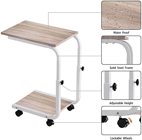 SIMPDIY Side Table Height Adjustable End Table Side Table with 4 Wheels for Sofa Bedroom Living Room Office, Small Coffee Table, Side Tables for Small Spaces, Stable, Heavy Duty Iron, Walnut Black