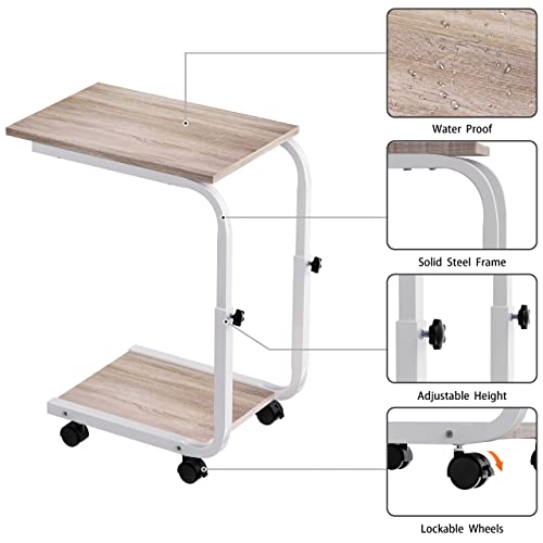 SIMPDIY Side Table Height Adjustable Coffee End/Bedside Table with 4 Wheels for Sofa Bedroom Living Room Office, Suitable for Small Spaces, Stable, Heavy Duty Iron, White Oak - Image 5