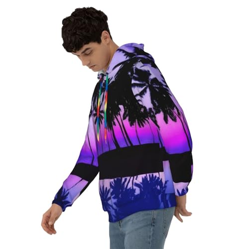 Mens Hoodie Pullover Casual Long Sleeve Drawstring Top Palm Tree Purple Sunset Print Hooded Sweatshirt With Pocket3