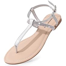 Harvest Land Womens Sandals Dressy T Strap with Rhinestone Sparkly Wedding Flat Sandals Ankle Strap Summer Gladiator Fashion Shoes