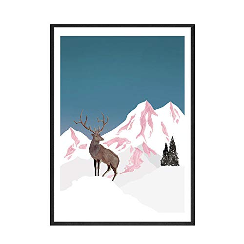 LiMengQi Póster Abstracto de Nieve montaña Ciervo Imagen de Pared Estilo Moderno...
