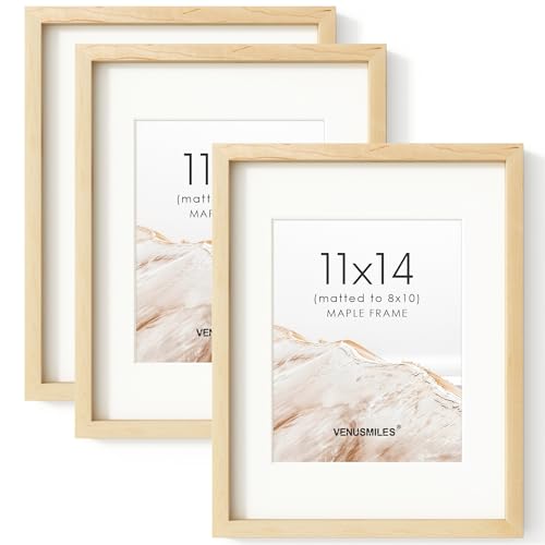 Image of 11x14 Picture Frame Set of 3, USA-Sourced Natural Maple Wood Photo Collage Frame with HD Tempered Glass, Modern Simple 11 x 14 Wooden Frame Matted to 8x10, Vertical & Horizontal Wall Hanging Display