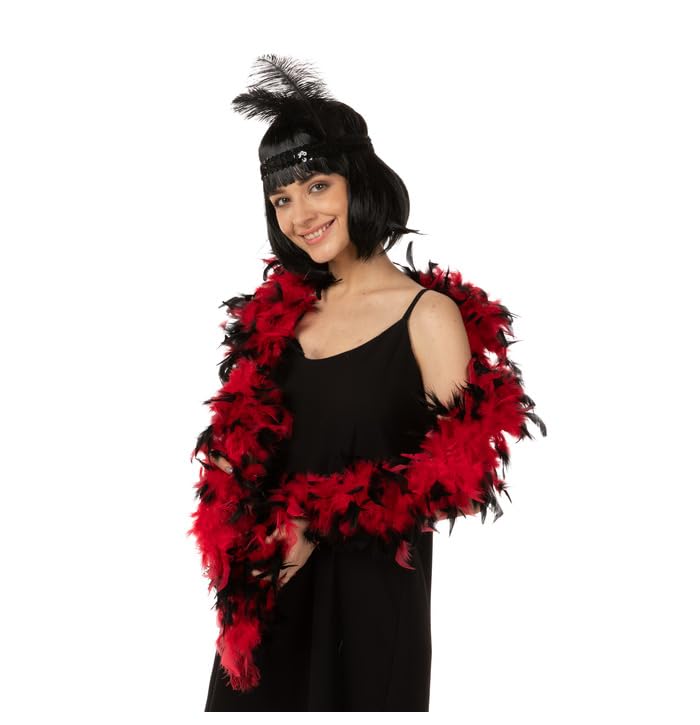 Mystic City Red Feather Boa with Black Tips – Burlesque Feather Boas for Women, 1920s Accessories for Women Gatsby Costume, Red & Black Feather Scarf for Fancy Dress, Mardi Gras & Moulin Rouge Outfit