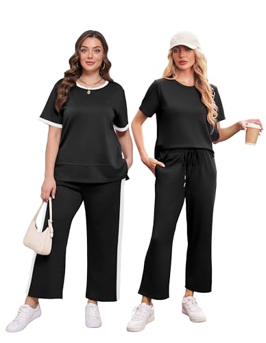 Image of XIEERDUO Women's 2 Piece Outfits Summer Lounge Sets Side Slit Loungewear | Short Sleeve Top Matching Wide Leg Capri Pants