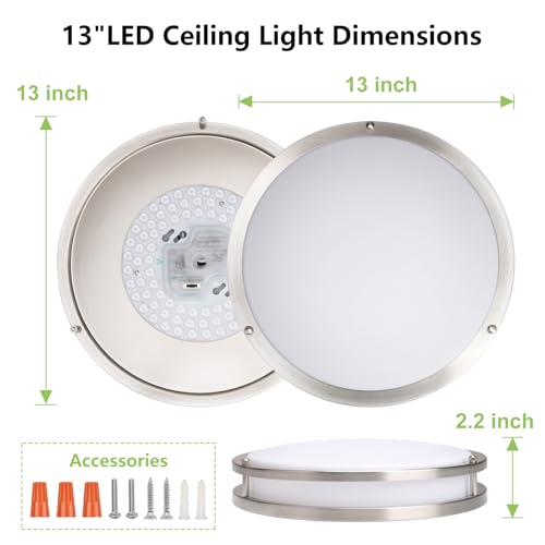 Image of Flush Mount Ceiling Light - 2 Pack 13″ 36W 3000K /3500K /4000K /5000K /6000K Dimmable Led Ceiling Light Fixture for Kitchen Hallway Bedroom Bathroom (2, Brushed Nickel, 13 Inch)