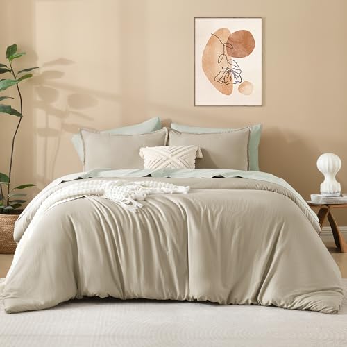 image for Litanika Oatmeal Comforter King Size, 3 Pieces Lightweight Solid Beddi