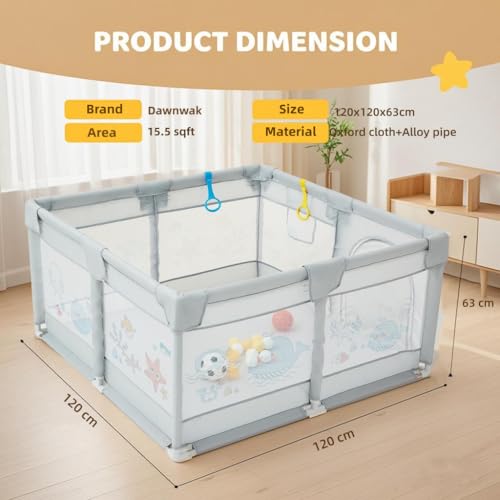 Image of 120x120 cm Playpen for Baby up to 3 Years with Safety Lock & Anti-Fall Grasp Rings (No Ball /No Mat, Non-Foldable) - Grey
