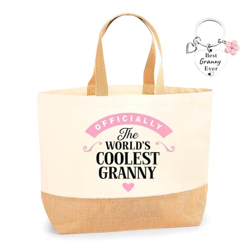 HgaftnK Worlds Coolest Granny Gifts Set - Canvas & Jute Tote Handbag with Stainless Steel Keychain Best Grandma Birthday Gifts for Mothers Day or Christmas Practical Shopper Bag