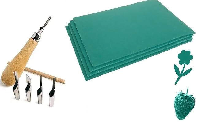 Levin 5 in 1 Linoleum Cutter Tools. 5 Blade Set for Lino Cutting, 8x12 Linoleum Blocks Green Linocut Block Linoleum Printing for Engraving Art Project Printmaking (Only One Sheet/1 Linoleum Cutter)-image-1
