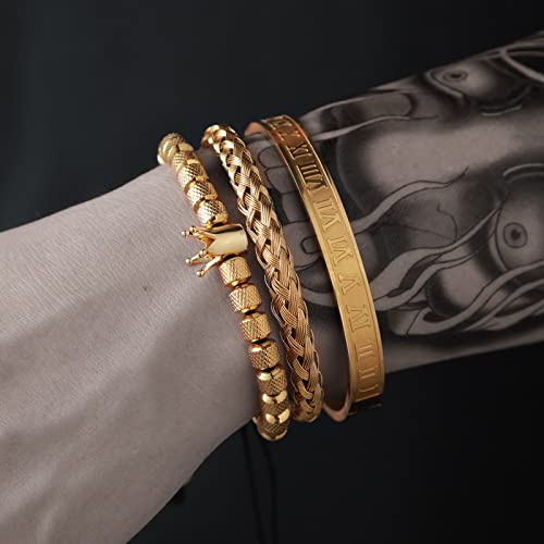 Rintoler 3Pc Stainless Steel Bracelets For Men 18K Plated Gold Cuff Mens Bracelets Imperial Crown Twisted Cable Women Chunky Bangle Bracelet #TOP2