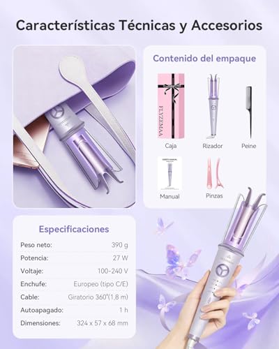 FLYZEMAA Rizador de Pelo Automático, Rizador de Ondas Cerámico 25mm con 4 Temperaturas Ajustables y Protección Anti-Quemaduras, Portátil de Doble Voltaje para Cabello Corto y Largo, Violeta - imagen 8