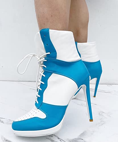 Frankie Hsu Stiletto Sport Basketball High Heeled Ankle Boots, Casual White Baby Blue Sneaker Style Bootie, Large Big Size Fashion Designer Lace Up Short Shoes For Women Men2