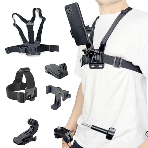 JAMUILS Harnais de Poitrine Support Smartphone, Support de Tête et Sangle d'épaule pour Sac à Dos, Kit d'accessoires pour Caméra d'action, Compatible avec...