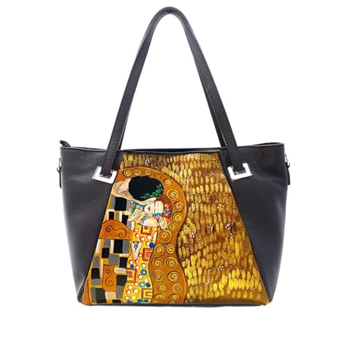 Arte Lisanti Borsa in Pelle Dipinta a Mano – IL BACIO DI KLIMT – a Spalla, a Tracolla, Shopper, Maxi, Con Tasca interna, Shopping Donna, Idea Regalo, Artigianato Italiano, Made In Italy, Vera Pelle