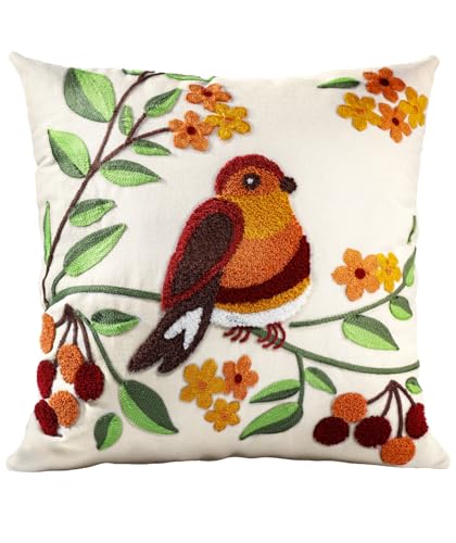 Kokaaee Embroidered Throw Pillow Cover, 20x20 Inch, Bird Branch