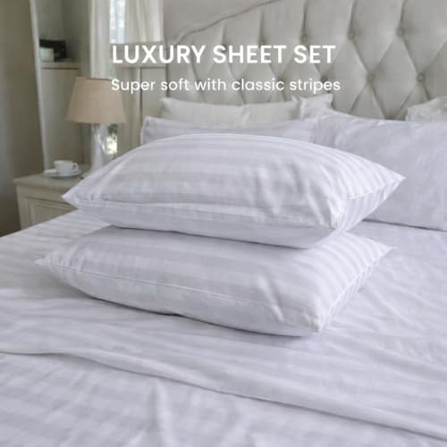 Image of Single Size Bedsheets for Single Bed 600 TC - Cotton Elastic Fitted Sheet (30 x 78 Inches) with 8 Inch Drop- Color Light Grey Stripe [ Fitted Sheet with 2 Pillow Cover]