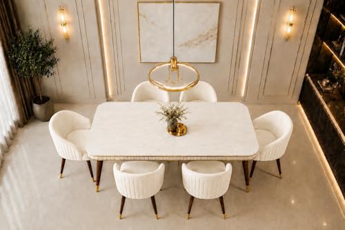 Image of WOODEN SPACE 6-Seater Wooden Dining Table Set | Nano Composite Marble Top | Solid Wood Base | Modern Dining Room Furniture with 6 Chairs (Modern Beige)