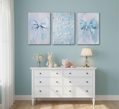 Image of 3Pcs Trendy Blue Bow Canvas Wall Art Vintage Cute Preppy Watercolor Bow Painting Pictures Wall Decor Posters Prints Girly Aesthetic for College Apartment Bedroom Decoration