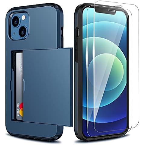Zuslab Wallet Case Compatible with Apple iPhone 13 2021 Phone Case with Card Holder Shockproof Anti Scratch Cover with Tempered Glass Screen Protectors[x2Pack] Dark Blue Cover
