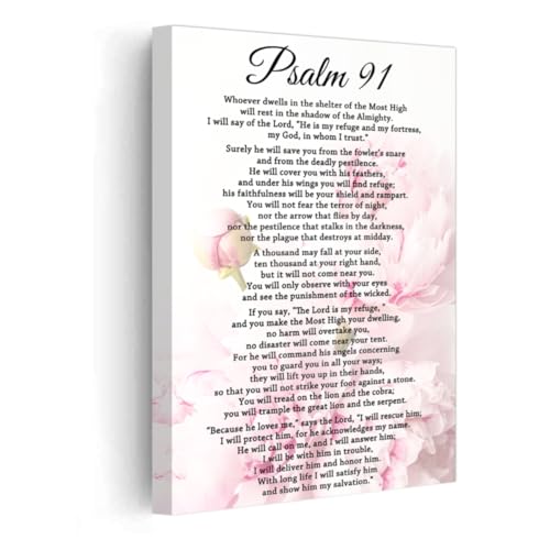 PBXBJY Psalm 91 Canvas Wall Art Christian Bible Verses Picture Prints Scripture Poster Framed Christ Religious Wall Decor for Church Prayer Living Room (Pink, (12.00" x 18.00"))
