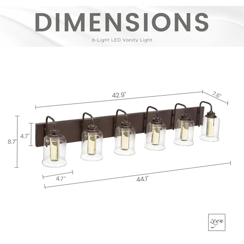 Image of zeyu 40W 6 Light Bathroom Light Fixtures, 44 Inch LED Vanity Wall Light with 5 Color Modes, Oil Rubbed Bronze Finish with Crystal Bubble and Clear Glass, ZSL72B-6W LED ORB